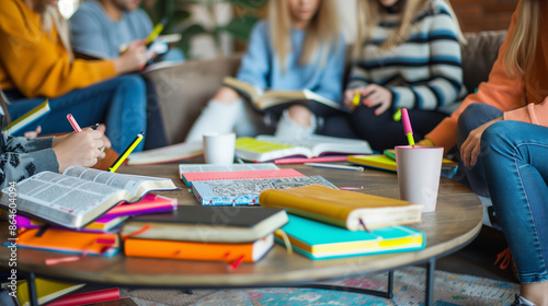 a detailed image of a group of people sitting around a coffee table with Bibles and highlighters, deeply engrossed in study, church, Studying, Group Of People, Community, Meeting,