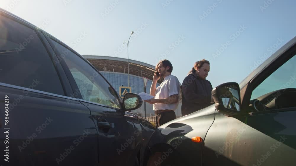 Two angry and upset men are dealing with insurance paperwork after a car accident. Mid shot. Slow motion Two angry and upset men are dealing with insurance paperwork after a car accident. Mid shot. Slow motion