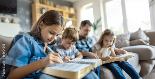 Naklejka a close-up image of a family studying the Bible together in their living room, with children and adults engaged, church, Studying, Group Of People, Community, Meeting, Bible, with
