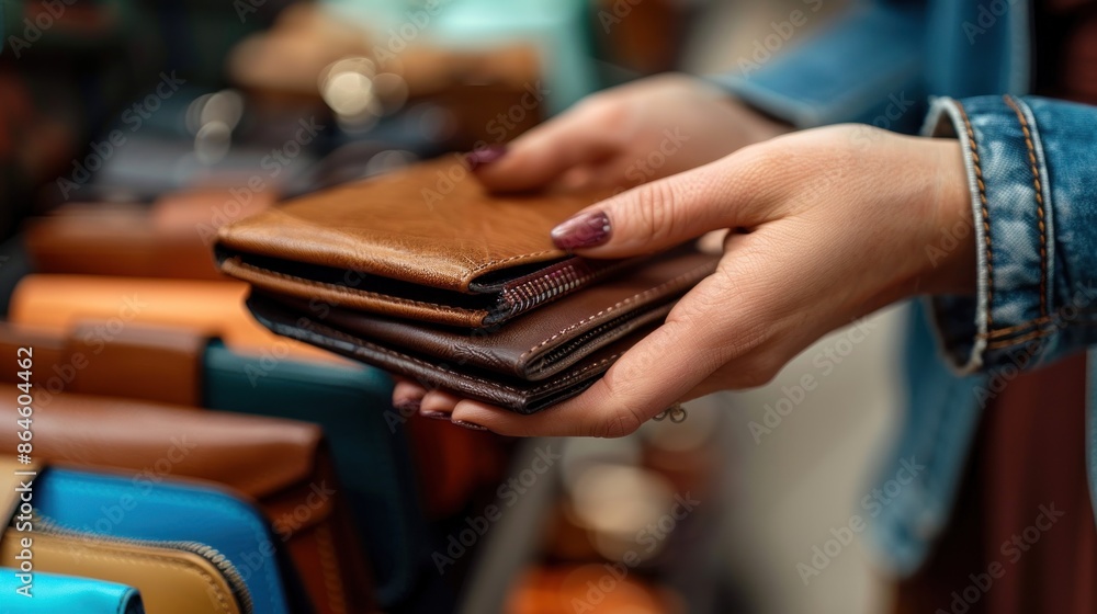 Female Caucasian hand choosing leather wallets in a store, focusing on quality and design. Female Caucasian hand choosing leather wallets in a store, focusing on quality and design.