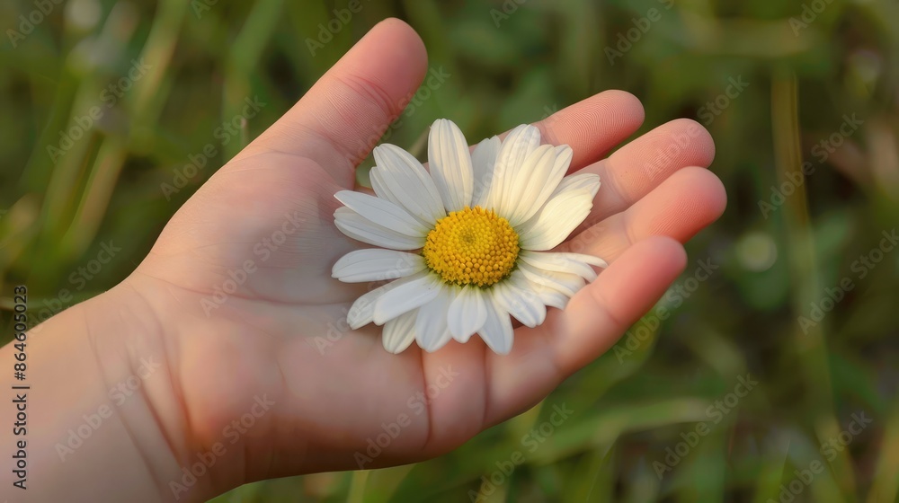 A single daisy in a child's hand, symbolizing innocence and simplicity A single daisy in a child's hand, symbolizing innocence and simplicity