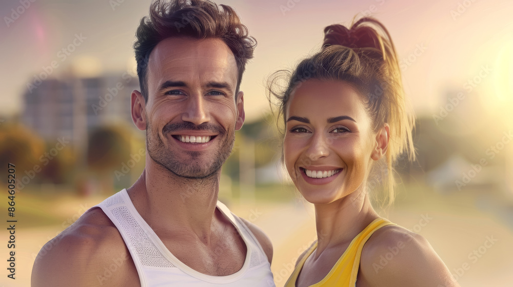 A man and a woman are smiling at the camera, couple jogging A man and a woman are smiling at the camera, couple jogging