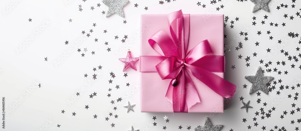 A pink gift box tied with a ribbon sits on a white backdrop adorned with sparkling silver confetti stars, matching the holiday theme, providing room for text or other elements. Copy space image A pink gift box tied with a ribbon sits on a white backdrop adorned with sparkling silver confetti stars, matching the holiday theme, providing room for text or other elements. Copy space image
