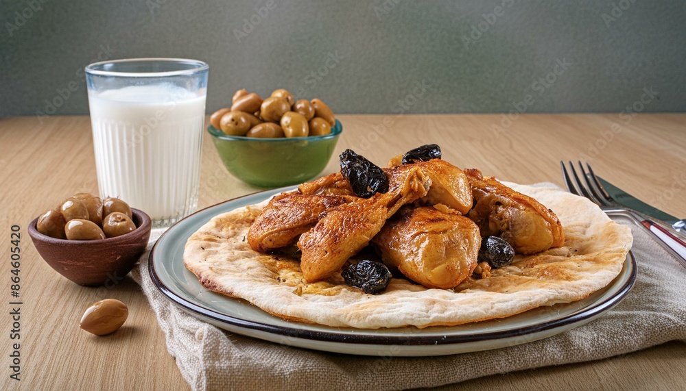 A plate of Palestinian musakhan, fried chicken with onions and sumac on flatbread, garnished with toasted pine nuts. Served with a glass of ayran and a few olives. A plate of Palestinian musakhan, fried chicken with onions and sumac on flatbread, garnished with toasted pine nuts. Served with a glass of ayran and a few olives.