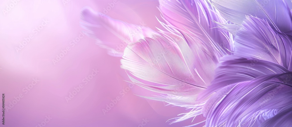 Obraz premium Feathery bird plume on a soft purple backdrop conveying a sense of lightness, airiness, and softness with room for text or images. Copy space image. Place for adding text and design