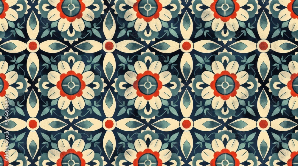 Abstract floral pattern with geometric shapes in blue and red hues. Abstract floral pattern with geometric shapes in blue and red hues.