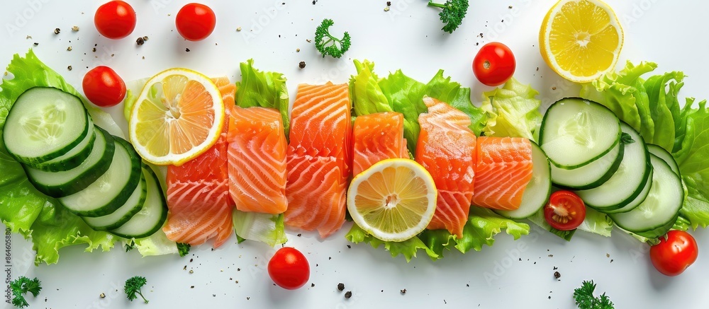 Top view of a seafood themed dish featuring salmon, avocado, cherry tomatoes, cucumber, and lettuce with a lemon wedge on a white background with copy space image. Top view of a seafood themed dish featuring salmon, avocado, cherry tomatoes, cucumber, and lettuce with a lemon wedge on a white background with copy space image.
