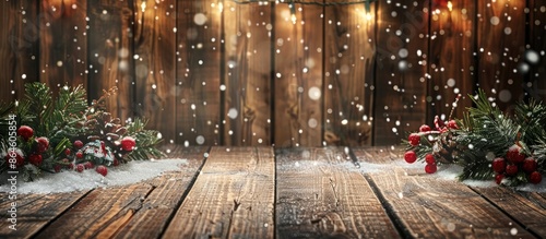 Rustic Christmas backdrop with wooden planks, adorned with snow for a festive New Year and Xmas setting, creating a charming copy space image. © Ilgun