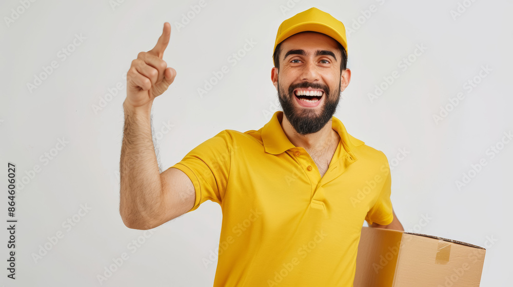 A man in a yellow shirt is pointing to the camera with a smile on his face, delivery service courier A man in a yellow shirt is pointing to the camera with a smile on his face, delivery service courier