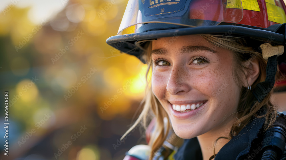A woman wearing a fireman's helmet and smiling, fire service officer or firefighter A woman wearing a fireman's helmet and smiling, fire service officer or firefighter