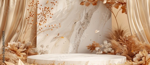 Beige background flat lay with white marble podium framed by dry grass, leaves, and flowers. Beauty and fashion concept mock-up with copy space image.