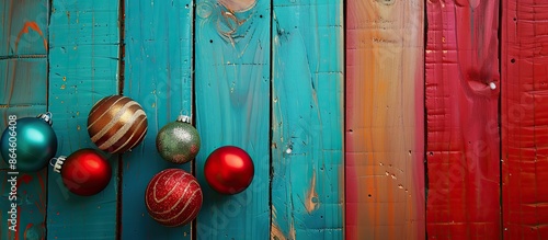 Christmas ornaments on colorful wooden background with blank card for text, ideal for a copy space image.