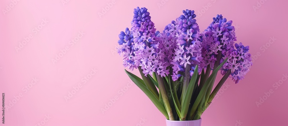 Fototapeta premium A stunning arrangement of violet hyacinths in a vase against a pink backdrop, creating a charming composition with copy space image.