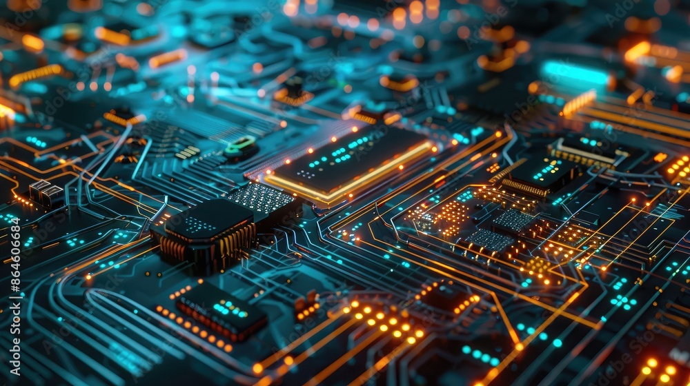 Abstract circuitry and digital components forming a tech-themed background Abstract circuitry and digital components forming a tech-themed background