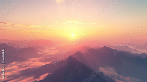 A stunning sunrise over a mountain range, casting a warm glow across the clouds.