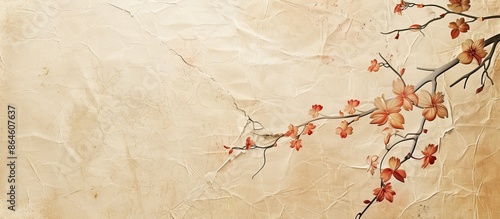 Beige textured background with torn Japanese traditional paper creating a unique copy space image. photo
