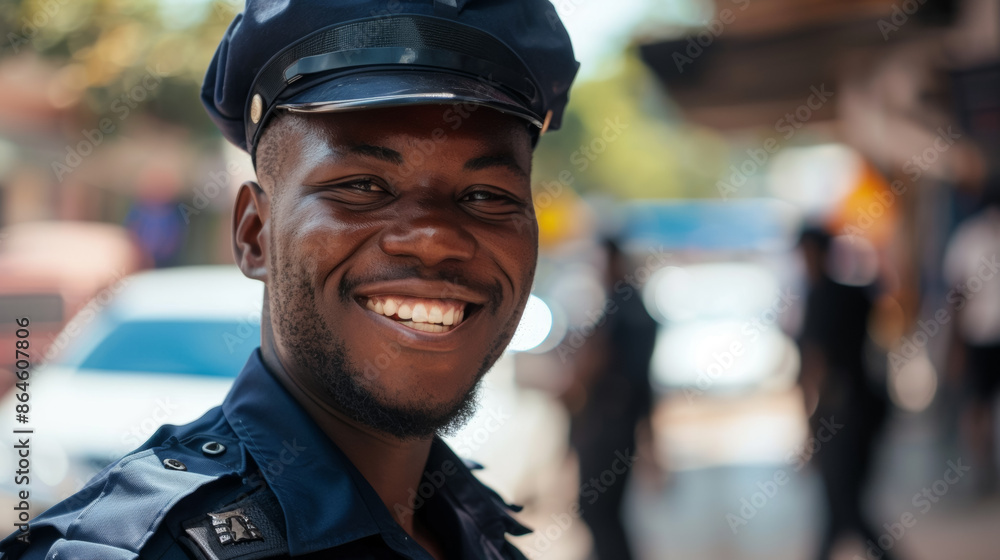 A smiling man in a blue uniform with a police hat, policeman A smiling man in a blue uniform with a police hat, policeman