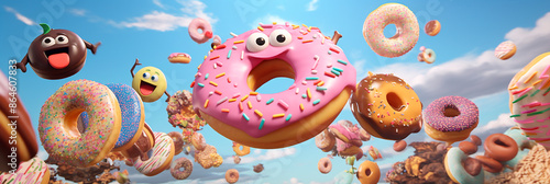 Donut splash banner. Cheerful classic berry donut smiles happily against backdrop of donuts flying in different directions. Header for menu, coffee house, article. Sweet diet or Donut Day