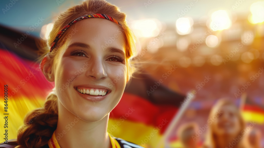 A woman is smiling and holding a German flag A woman is smiling and holding a German flag