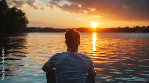 A man sits by a lake and watches the sunset.