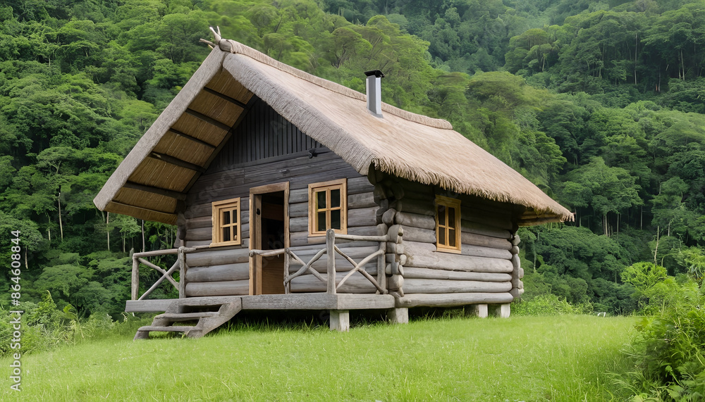 a small wooden cabin with a thatched roof, set against a backdrop of dense, green forest, showcasing the simplicity and charm of rustic living. a small wooden cabin with a thatched roof, set against a backdrop of dense, green forest, showcasing the simplicity and charm of rustic living.