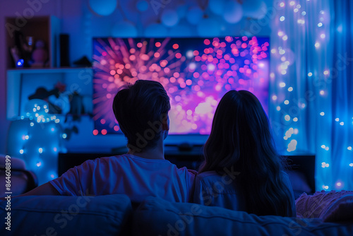 Happy couple watching firework display on smart tv. Young familiy enjoying televised 4th of July Independence Day New Years Eve fireworks party at home on television photo