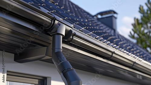 Nouvelle gouttière noire installée sur un toit en tuiles photo
