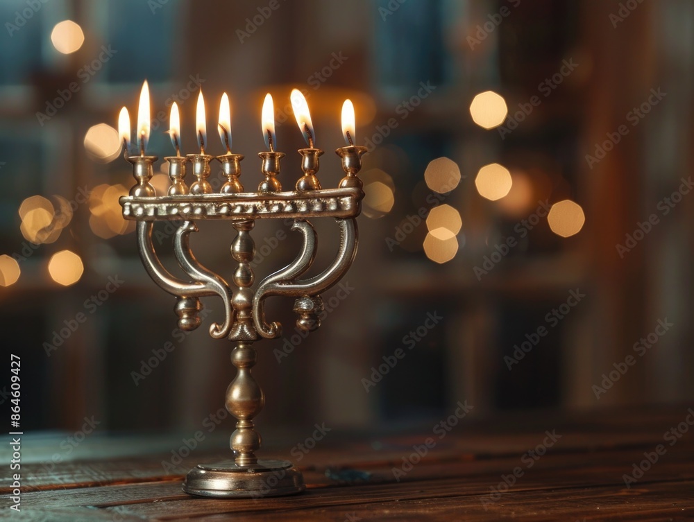 Lit silver menorah on wooden table Lit silver menorah on wooden table