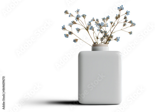 A single white ceramic vase holds a bunch of dried blue flowers. The vase stands alone against a white background