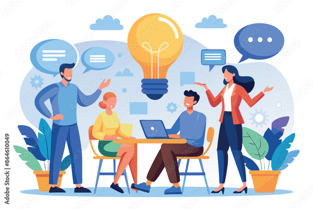 a vector illustration showing business people engaged in a discussion, with a large lightbulb made up of speech bubbles above them, a vector illustration showing business people engaged in a discussion, with a large lightbulb made up of speech bubbles above them,