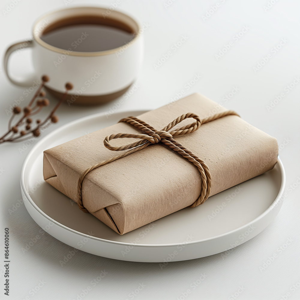 Close-up of a craft paper-wrapped gift with a twine bow on a white plate next to a cup of coffee, evoking a simple and thoughtful gesture Close-up of a craft paper-wrapped gift with a twine bow on a white plate next to a cup of coffee, evoking a simple and thoughtful gesture