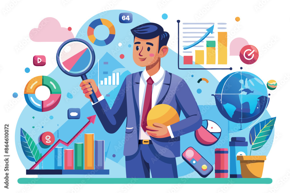 a vector illustration of a businessman conducting market research, holding magnifying glasses while examining different graphs and charts. a vector illustration of a businessman conducting market research, holding magnifying glasses while examining different graphs and charts.