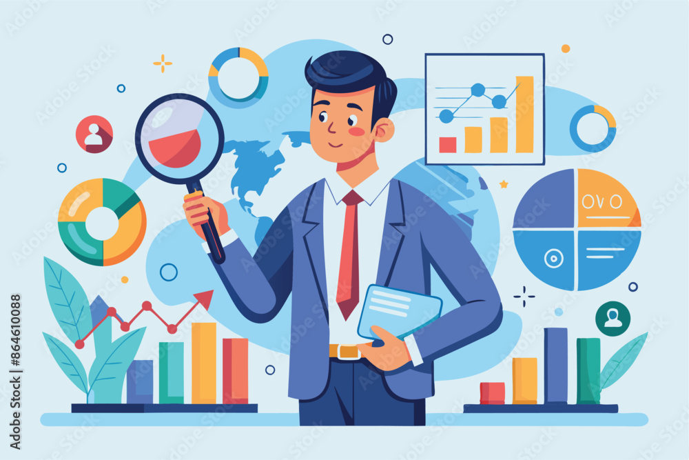 a vector illustration of a businessman conducting market research, holding magnifying glasses while examining different graphs and charts. a vector illustration of a businessman conducting market research, holding magnifying glasses while examining different graphs and charts.