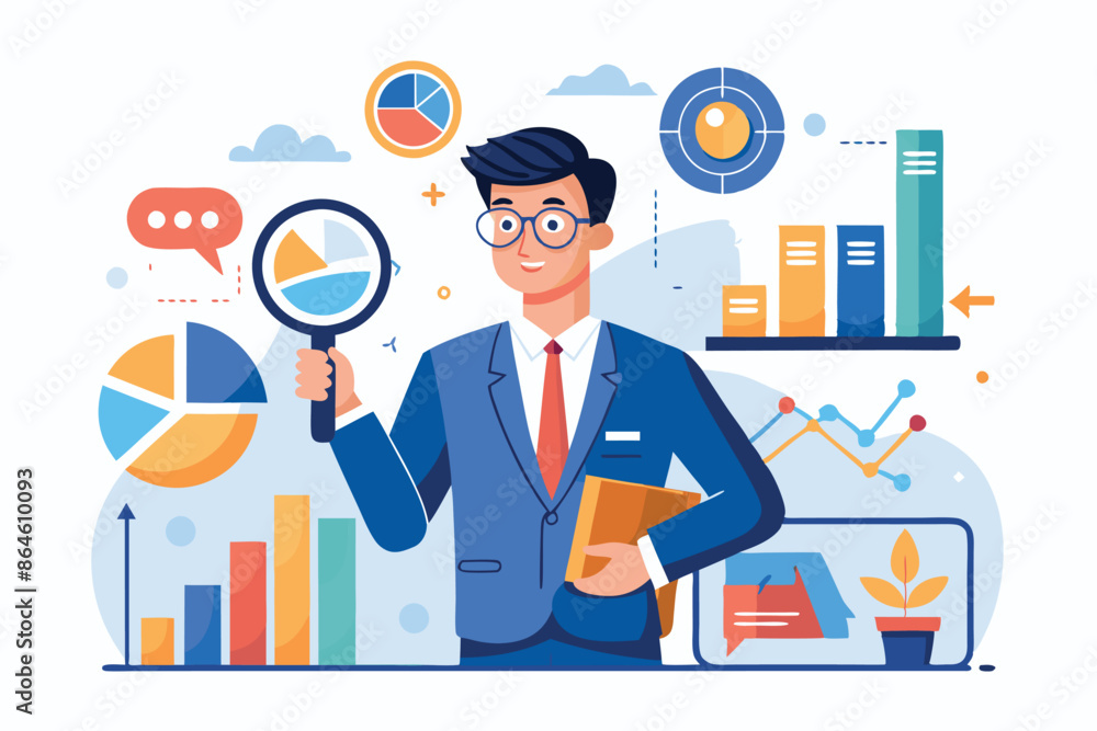 a vector illustration of a businessman conducting market research, holding magnifying glasses while examining different graphs and charts. a vector illustration of a businessman conducting market research, holding magnifying glasses while examining different graphs and charts.