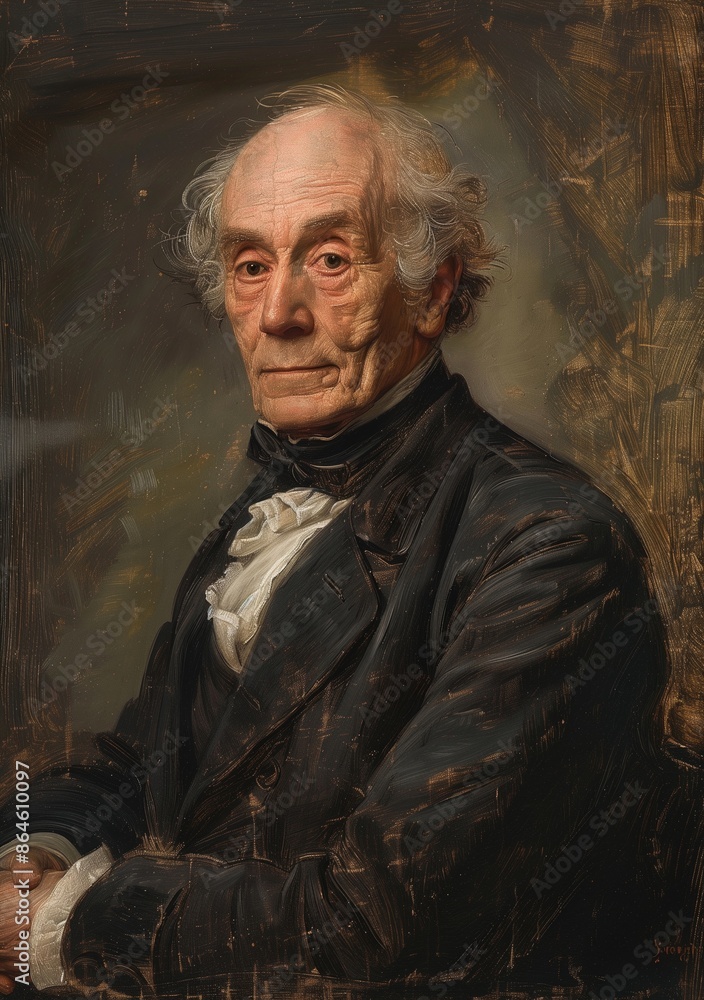 Portrait of Elderly Man with Distinguished Expression in Historical Dress Against Dark Background, Featuring Detailed Brushstrokes and Atmospheric Lighting Portrait of Elderly Man with Distinguished Expression in Historical Dress Against Dark Background, Featuring Detailed Brushstrokes and Atmospheric Lighting