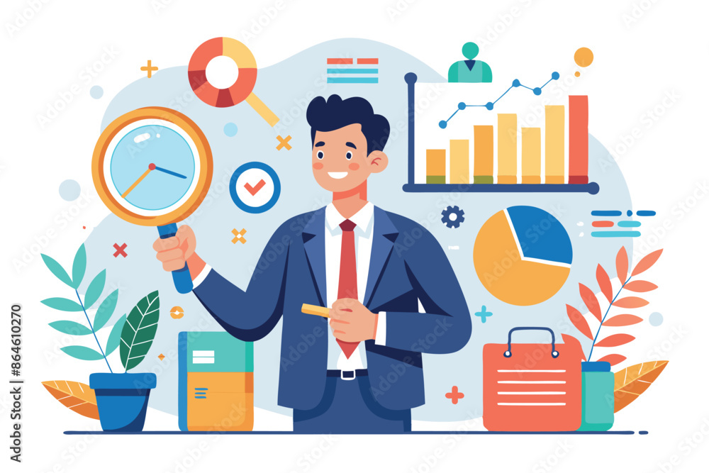 a vector illustration of a businessman conducting market research, holding magnifying glasses while examining different graphs and charts. a vector illustration of a businessman conducting market research, holding magnifying glasses while examining different graphs and charts.