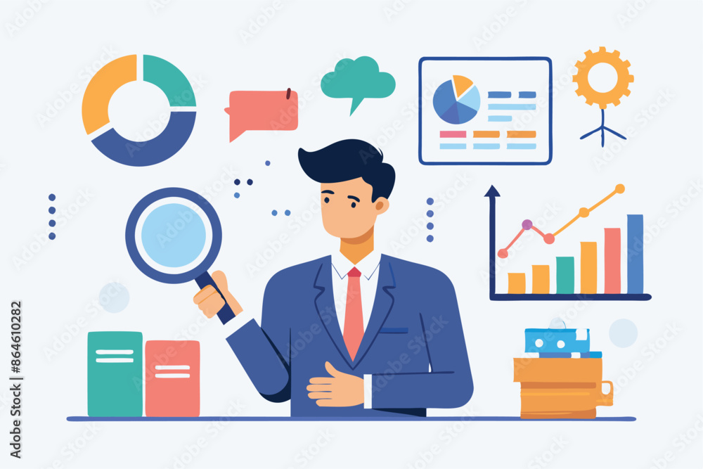 a vector illustration of a businessman conducting market research, holding magnifying glasses while examining different graphs and charts. a vector illustration of a businessman conducting market research, holding magnifying glasses while examining different graphs and charts.