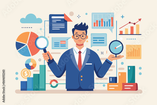 a vector illustration of a businessman conducting market research, holding magnifying glasses while examining different graphs and charts.