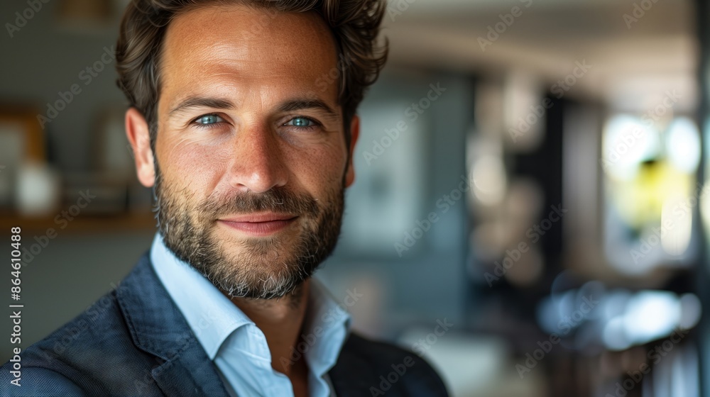 Confident Businessman in Blue Suit with Beard and Bright Eyes in Modern Office Setting for Professional Corporate Stock Image Confident Businessman in Blue Suit with Beard and Bright Eyes in Modern Office Setting for Professional Corporate Stock Image
