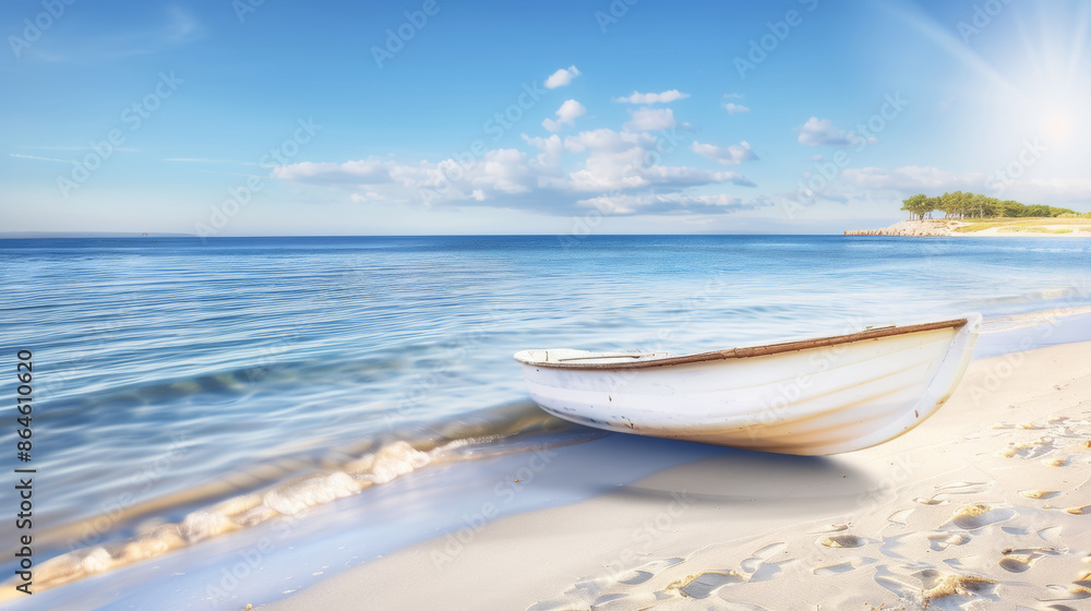 A small white boat is sitting on the beach next to the ocean A small white boat is sitting on the beach next to the ocean