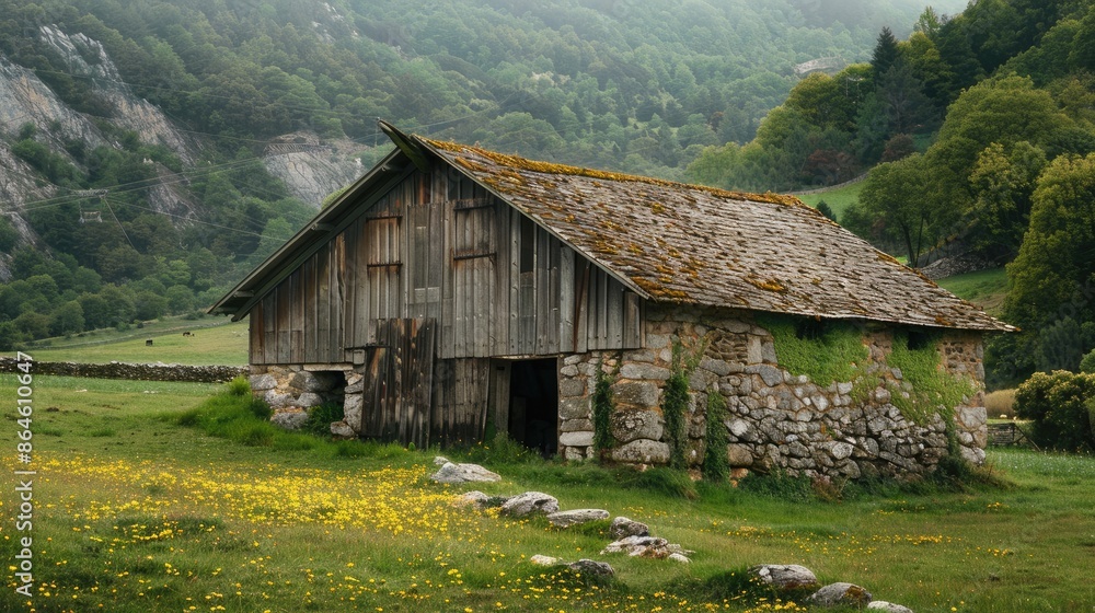 Old barn with a wooden roof on stones in a rural setting Old barn with a wooden roof on stones in a rural setting