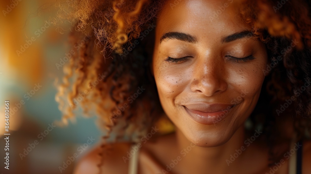 Serene Woman with Curly Hair in Warm Natural Light, Peaceful Expression, Soft Focus, Earthy Tones, Calm Atmosphere, Outdoor Setting, Gentle Sunflare in Background Serene Woman with Curly Hair in Warm Natural Light, Peaceful Expression, Soft Focus, Earthy Tones, Calm Atmosphere, Outdoor Setting, Gentle Sunflare in Background