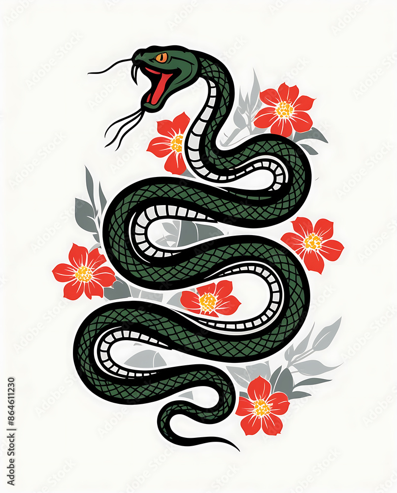 Green Snake with Red Flowers Green Snake with Red Flowers