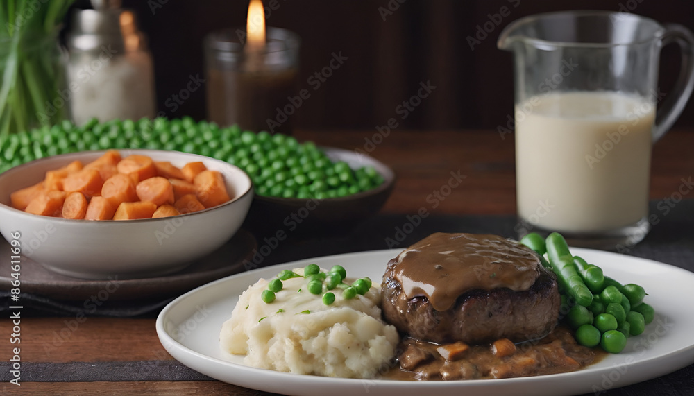 salisbury steak with mushroom gravy on top, peas, carrots and mashed potatoes salisbury steak with mushroom gravy on top, peas, carrots and mashed potatoes