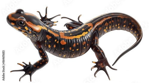 1. Produce a highly detailed and anatomically accurate full-body illustration of a salamander, highlighting its unique features and natural coloring, isolated on a transparent background for a