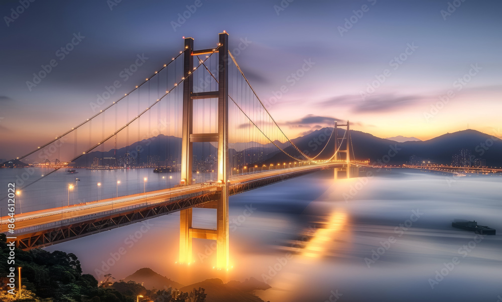 A bridge spans a body of water with a beautiful sunset in the background A bridge spans a body of water with a beautiful sunset in the background