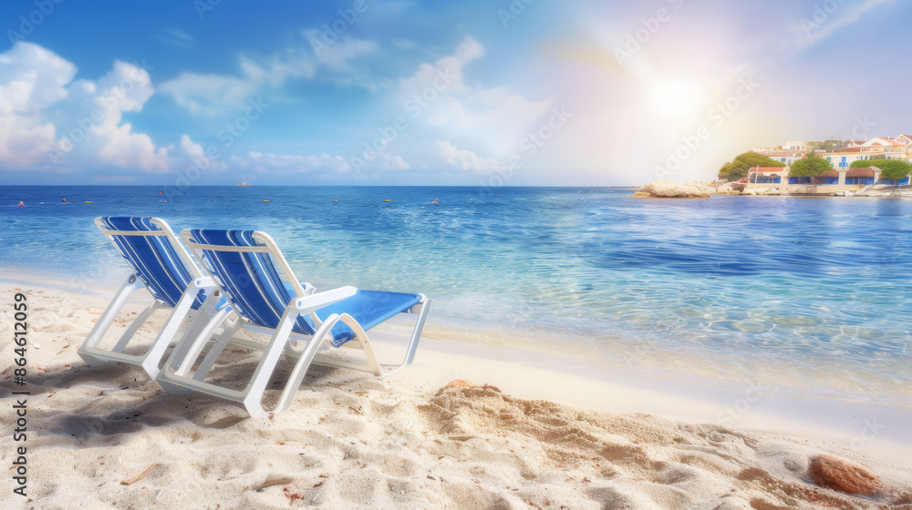 Two beach chairs are set up on the sand, facing the ocean Two beach chairs are set up on the sand, facing the ocean