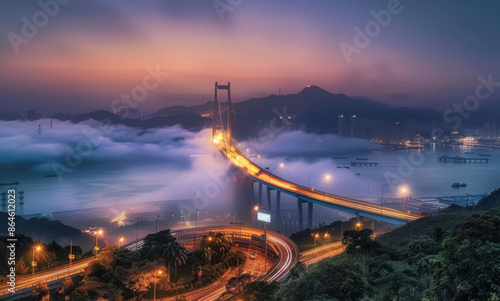 A bridge over a body of water with fog and lights in the background photo
