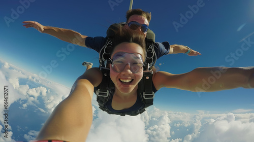 A man and a woman are jumping out of a plane, skydiving with an instructor