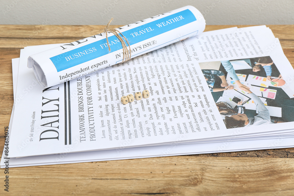 Obraz premium Newspapers and word NEWS made of cubes on wooden table
